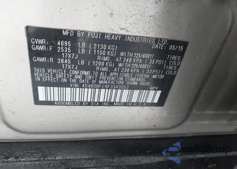 2015 Subaru Outback 2.5I Premium from USA, damaged, VIN 4S4BSBFC9F3343053